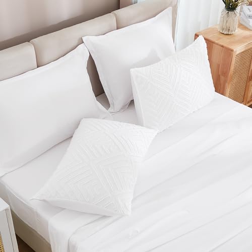 Image of Andency Oversized Queen Size Comforter Set with Sheets White - 7 Pieces Bed in a Bag Oversized Queen Boho Tufted Lightweight Bedding Sets with Comforter, Sheets, Pillowcases & Shams