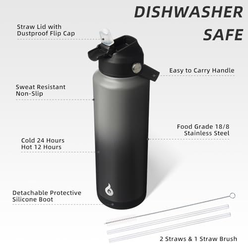 Image of BJPKPK Insulated Water Bottle with Straw Lid, 40oz Large Thermo, BPA Free Leak Proof Stainless Steel Metal Water Bottles, Tumblers, Cups, Flasks for Travel, Sports,Black Grey
