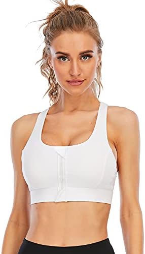 Cordaw Molded Cup Sports Bras Zipper in Front Workout Bra Medium Impact High Support Zip Running Bra Yoga Workout Top, White Medium