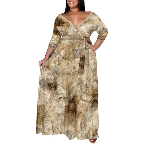 Image of SUZONANA Women's Plus Size Maxi Dresses Casual Loose Short Sleeve Long Maxi Dress with Belt Wedding