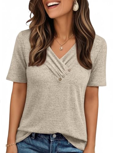 LILLUSORY Summer Tops Women UK V Neck T Shirts Short Sleeve Jumpers Elegant Blouses Oversized Ladies Loose Fit Mature Clothes Fashion Tee Capsule Wardrobe Party Work Smart Clothing Khaki L