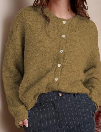 Image of Ynhonra Womens Cardigan Sweater Front Button Loose Y2k Long Sleeve Crewneck | Lightweight Knit Ribbed Hem