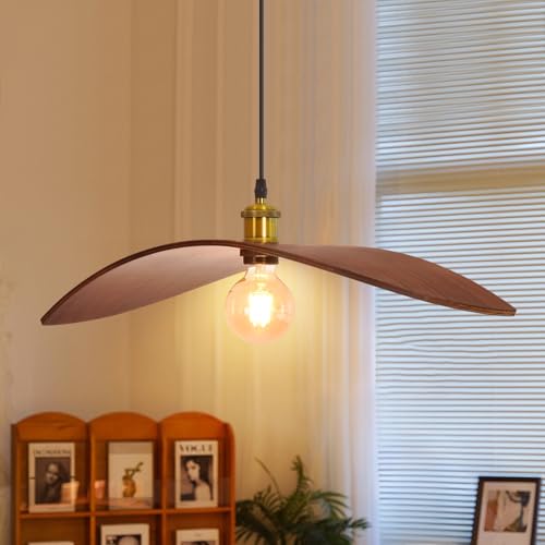 WALMHEIM 23.6' Wood Pendant Lights, Mid-Century Modern Natural Black Walnut Wood Pendant Light...