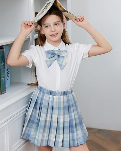 Image of Betusline Girls Skirt Set JK School Uniform 2-Piece Outfit - Short Sleeve Shirt with Bow & Pleated Skirt 4T-14Y