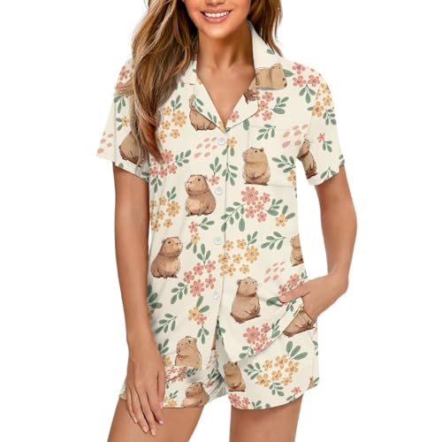 Image of Women's Short Sleeve Sleepwear Pajamas Nightwear with Pockets | skin-friendly breathable material resists pilling fading and deformation after repeated washing
