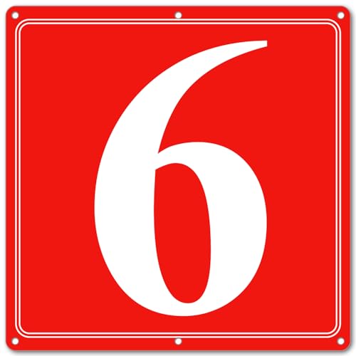 Image of Premium Aluminum Number Signs 6, Metal 12 inch X 12 inch Red Numbered Signs Outdoor for Parking Lots, Floor, Dock, Court, Aisle, Field, High Visibility, No Fade, Weather-resistant