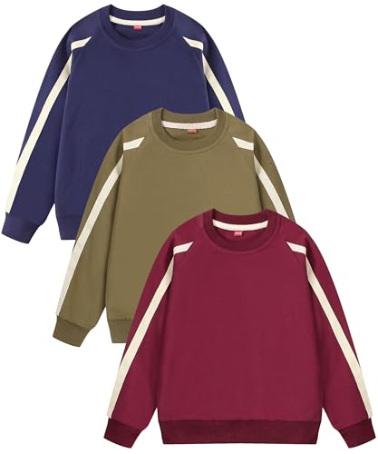 Image of GFQLONG 3 Pack Toddler Boy Girl Cotton Crewneck Sweatshirt Kids Lightweight Long Sleeves with Stripe Fall Fashion Tops