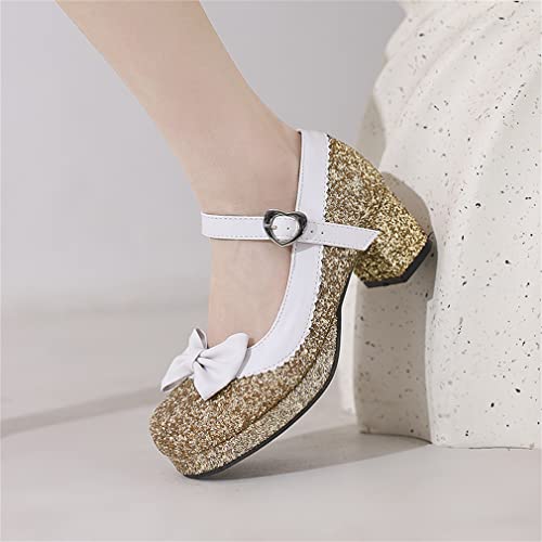 Elyffany Women's Glitter Prom Pumps Cute Lolita Cosplay Shoes Bow Mid Chunky Heel Mary Jane Shoes4