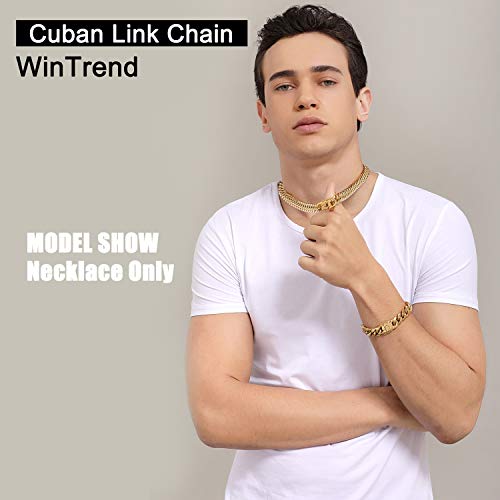 WinTrend Cuban Link Chain Necklace or Bracelet With Design Box Clasp for Men 6MM/8MM/10MM/12MM/15MM/18MM 18K Gold Stainless Steel Hip Hop Miami Curb Chains 7-30 inch