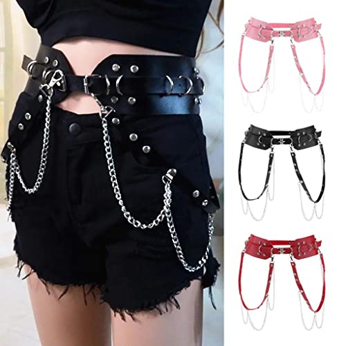 jojomis Women's Punk Waist Belt Leather Belt with Metal Chain Tassels Adjustable Wide Waistband Red 50 Inch Length2