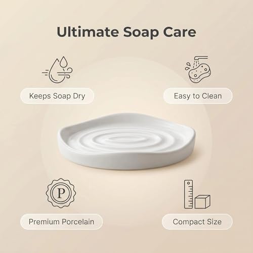 Image of Ceramic Soap Dish with Swirl Grooves, Easy to Clean Soap Holder, Soap Saver Tray for Bathroom, Kitchen & Shower (White)