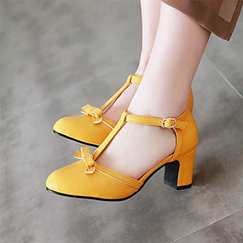 MFairy Women's Pointed Toe T-Strap Bows Adorable Buckle High Cone Heel Mary Janes Dress Pumps4