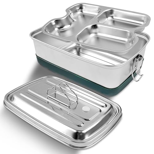 Geentargetel Lunchbox Edelstahl, Doppelschichtige Dreifachunterteilung, Versiegelnde Schnappverschlüsse, Rutschfeste Silikonbasis, Tragegriff-Design, Geeignet für Schüler und Berufstätige (Silber)