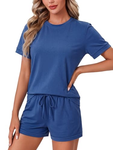 Image of LYANER Pajama Set for Women 2 Piece Lounge Set Striped Crew neck Short Sleeve Tops and Shorts Soft Sleepwear
