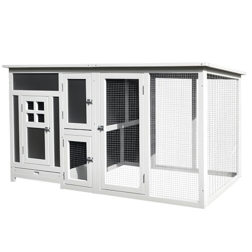 PawHut Hühnerstall Hühnerhaus Geeignet für 1-2 Hühner, mit Nistkasten Eierkiste mit 2 Fächern, Tanne, Grau+Weiß, 160 x 75 x 80 cm