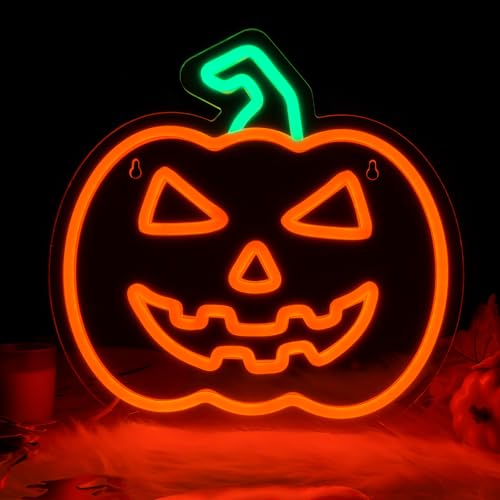 Image of MissAudrey Halloween Light Up Pumpkin Neon Sign, Neon Sign Halloween Window Hanging Lights, Green Orange Acrylic Thanksgiving Art Wall Fall Decor for Home Bedroom Bar Pub Club Party，5V USB Powered
