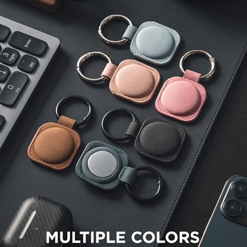 Image of Leather Case Keychain - Protective Holder Compatible with Apple AirTag 1 & 2 for Keys, Pet Collars, Bags & Luggage - Scratch-Resistant, Soft Touch, Secure Ring | Light Blue
