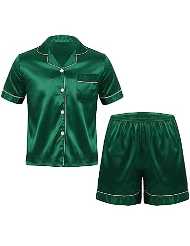 Men's Silk Satin Pajamas Set Short Sleeve Top Shirt Casual Shorts Sleepwear
