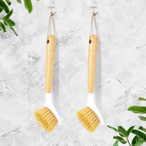 Image of 2 Pack Kitchen Scrub Brushes for Cleaning Dish Brush with Handle for Pans, Pots, Kitchen Sink Cleaning Scrub Brushes (Wooden Handle)