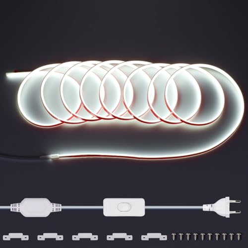 220V Ruban LED COB Exterieur Etanche 10M, 288 Led/m Strip Blanc Froid 6000K sans Transformateur, Flexible Découpable Bande LED avec interrupteur IP65 pour la décoration intérieure, Chambre, la cuisine