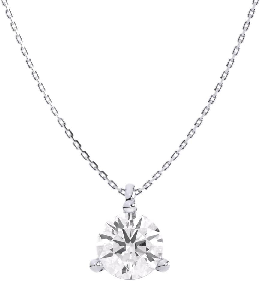 IGI Certified 1 Carat Lab Grown Diamond Round Solitaire Pendant Necklace for Women – 14k White Gold Necklace (I-J, VS1-VS2, 1.00 cttw) – 3-Prong Martini – 18 Inch Chain