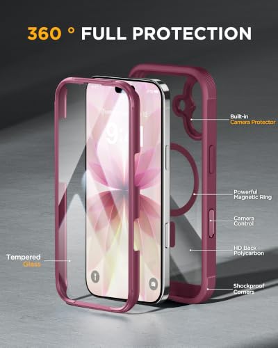 Image of Miracase for iPhone 17 Case 6.3'', Full-Body Bumper Military Drop Protection Outdoor Phone case with Built-in Glass Screen &Camera Control,Easy Installation,No Gap,Compatible with MagSafe,Wine Red