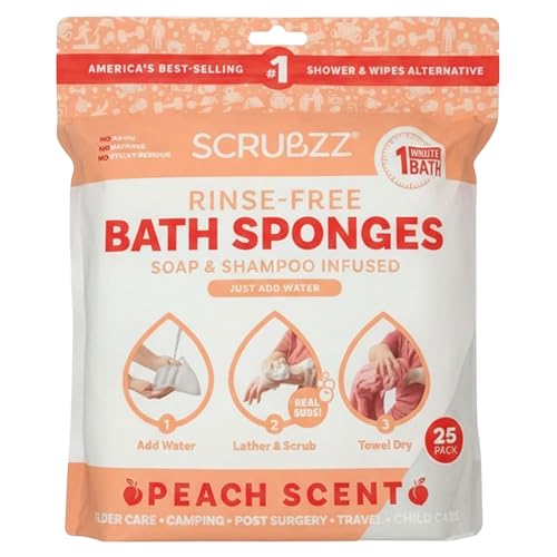 Image of Scrubzz Disposable No Rinse Bathing Wipes - 25 Pack - All-in-1 Single Use Shower Wipes, Simply Dampen, Lather, and Dry Without Shampoo or Rinsing (Peach, 1-Pack)