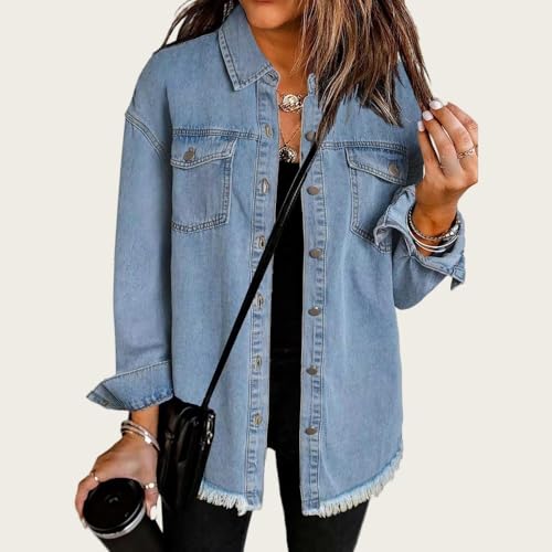 Womens Oversized Denim Jacket Washed Jean Long Sleeve Button Down Shacket Distressed Jean Jackets Fall Outfits2