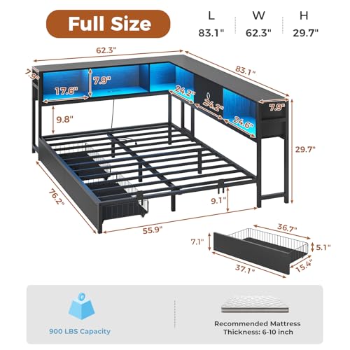 DICTAC Full Corner Bed Frame with Bookcase Storage and Led Lights Metal Platform Bed Frame Full Size with Storage Drawers & Charging Station Full Size Daybed for Teen/Adult,No Box Spring Needed,Black