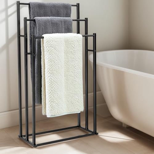 رف مناشف معدني من 3 طبقات من سكاي-تاتش: حامل مناشف أرضي قائم بذاته، رف عرض وتخزين مناشف الغسيل والحمام وحوض الاستحمام بجانب حمام السباحة (86 × 44 × 21 سم، لون أسود)