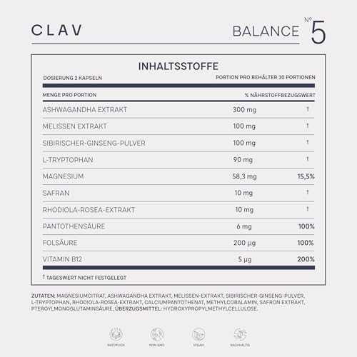 CLAV® N°5 BALANCE – Serotonin & Dopamin Kapseln mit Ashwagandha, Rhodiola & Safran – Magnesium, Vitamin B12, B5 & B9 – Für innere Balance & Nerven – 60 Kapseln – Vegan