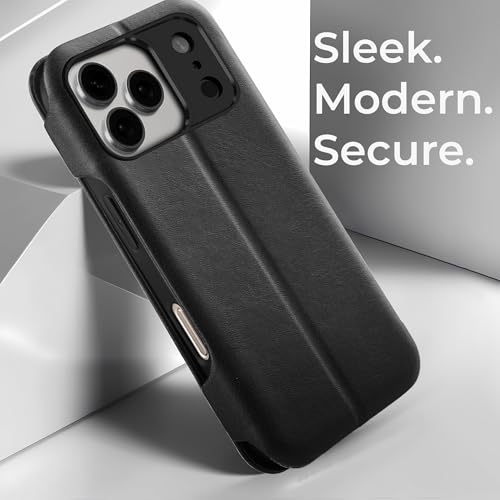 Image of PULOKA Premium PU Leather Flip Cover Compatible with Apple iPhone 17 Pro - Slim Wallet Case with Card Slot, Magnetic Closure, Kickstand Stand Function & Full Body Protection (Black)