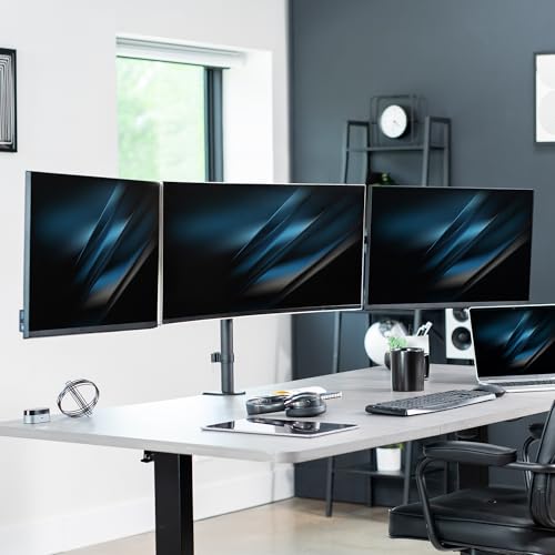 Image of VIVO Premium Triple Monitor Desk Mount for 3 Screens up to 22 lbs, Fits up to 38 inch Ultrawides on Center Bracket, Adjustable Telescoping Arms, Flush Wall Setup, Black, STAND-TS03C