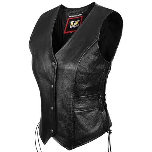 Women’s Sheepskin Leather Motorcycle Vest – Genuine Leather Biker Vest with Side Laces, Snap Closure & Pockets2