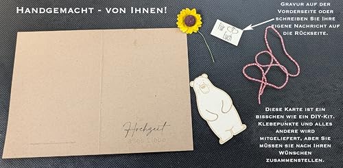 the lazy panda card company Handgemachte Hochzeitskarte mit Holzbär, Schnur und Papier-Sonnenblumen Karte Hochzeit