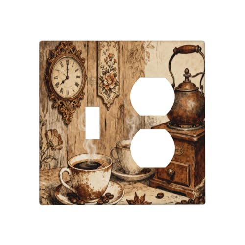 Jszwcy Decorative Outlet Covers Vintage Coffee Mug Pot Alarm Clock 2 Gang Light Switch Cover Plate Single Toggle Duplex Wall Plates for Electrical Outlets Switch Plate Covers for Home Decor