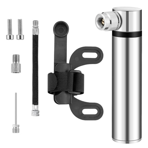 Pequeña bomba de aire para bicicleta, portátil, 120 psi, alta presión, ligera de aluminio, con soporte para marco, para bicicleta de carretera, montaña, fútbol, baloncesto, voleibol, plata