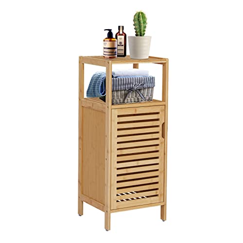 Kinbor Bamboo Bathroom Cabinet Floor Free Stand Storage Cabinet with Single Door Furniture Cabinet for Bathroom, Living Room, Bedroom