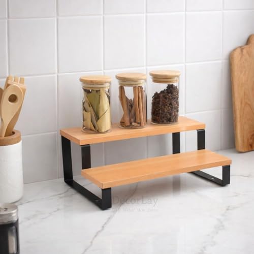 Image of Decorlay 2-Tier Metal & Laminated Board Stairs Spice Rack Cosmetic Organizer Stand, Kitchen Countertop for Pantry Cupboard, Countertop (Beech+Black)