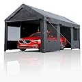 Alaskashield.US Carport 10'x 20' | Reinforced Heavy Duty Car Port | Height Adjustable Metal Tent | All Season PE Tarp Canopy | Portable Garage | 3 Roll-Up Doors & Removable Sidewalls | Dark Grey