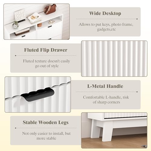 Image of Shoe Cabinet Storage for Entryway with 4 Flip Drawers, Fluted Narrow Shoe Organizer with Wooden Legs & Top Cubby, Freestanding Slim Shoe Storage Hidden Shoe Rack for Front Door Entrance, White