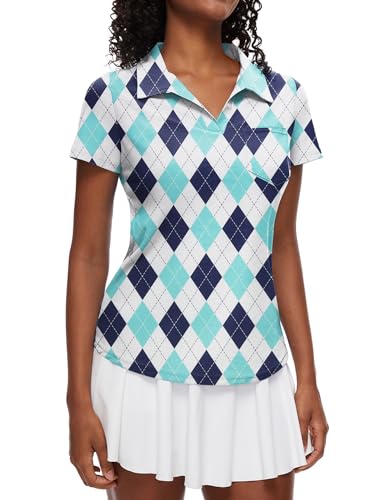 Loovoo Funny Golf Shirts Women Short Sleeve V Neck Collared Polos Uv Protection Quick Dry Tennis Shirt Blue Plaid M cover