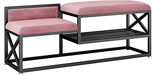 Banc à chaussures d'entrée en métal avec étagère de rangement et double siège confortable - 2