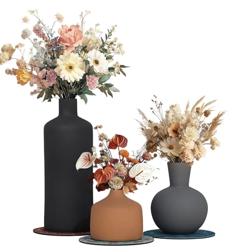 つや消しセラミック花瓶3個セット - 素朴な農家陶器の花瓶 パンパスグラス、ドライフラワー - コルクパッド付き小/中/大センターピース花瓶 - バスルーム棚、キッチンテーブル、玄関装飾（Amazon）