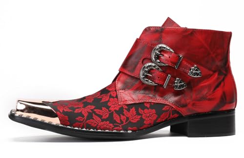 Santimon Cowboy Boots for Men Party Red Dress Casual Leather Metal Square Toe Floral Buckle Chelase Boots Mens Fashion Ankle Western Boots for Boys2
