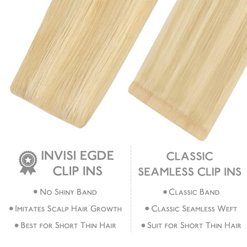 Image of WENNALIFE Invisi Edge Clip in Hair Extensions Real Human Hair, 14 Inch 130g 9pcs Light Blonde Highlighted Golden Blonde Seamless Clip in Extensions Remy Hair Clip Ins Invisible PU Skin Weft Straight