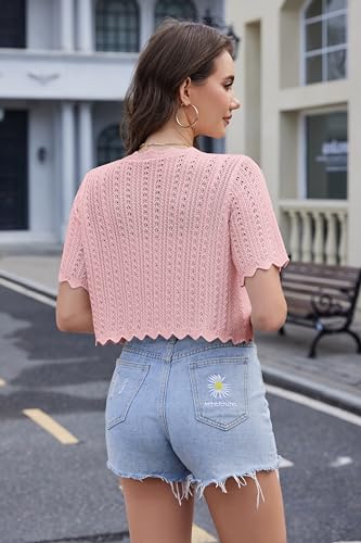 Image of Womens Lightweight Short Sleeve Cardigan Trendy Knit Hollowed-Out Y2k Cropped Tie-Front Shrugs for Dresses Pants Shorts