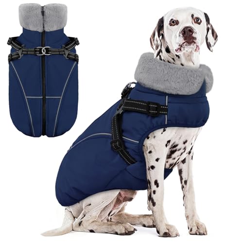 AOFITEE Dog Coat for Large Dogs, Waterproof Dog Jacket with Harness Built in, Warm Fleece Pet Puffer Jacket with Zipper, Cold Weather Coats for Dogs Outdoor, Reflective Pet Snowsuit, Blue XL