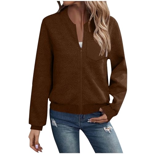 hlysgo Womens Bomber Jacket Casual Full Zip Up Textured Coat Lightweight Fall Long Sleeve Jackets Outerwear with Pockets