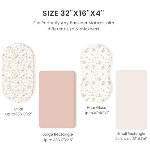 Image of Konssy 3 Pack Stretchy Bassinet Sheets for Baby Girl Boy, Soft Breathable Baby Bassinet Mattress Sheets Fit for Hourglass Oval Cradle, Moses Basket Rectangle Mattress (Blossom)